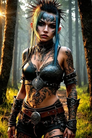 punkgg,A majestic Amazonian warrior stands confidently, her toned physique a testament to her battle-hardened strength. Her enormous, pert breasts, perfectly proportioned and adorned with intricate tribal tattoos, rise majestically above her leather armor as she gazes out at the lush, misty forest beyond. Golden light casts a warm glow over her rugged features, emphasizing the fierce determination etched on her face.,piercing,jewerlry,portrait,make_up,punk