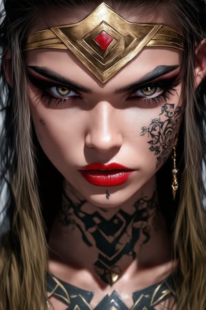 punkgg,A cinematic close-up shot of Wonder Woman's face, lit by a soft golden glow, showcasing her striking features. Her eyes gleam with a hint of mystique, framed by thick lashes and dramatic eye shadow in shades of bronze and gold. A subtle sheen on her skin enhances the definition of her cheekbones, as a bold red lip color adds a pop of vibrancy. The camera captures the intricate details of her heavy makeup, including subtle shading and texture, drawing the viewer's attention to her regal presence.,jewerlry,tattoo,piercing,make_up,portrait,punk