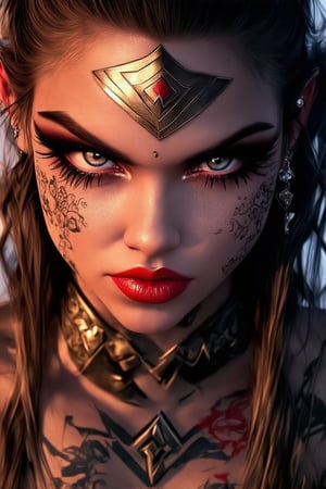 punkgg,A cinematic close-up shot of Wonder Woman's face, lit by a soft golden glow, showcasing her striking features. Her eyes gleam with a hint of mystique, framed by thick lashes and dramatic eye shadow in shades of bronze and gold. A subtle sheen on her skin enhances the definition of her cheekbones, as a bold red lip color adds a pop of vibrancy. The camera captures the intricate details of her heavy makeup, including subtle shading and texture, drawing the viewer's attention to her regal presence.,jewerlry,tattoo,piercing,make_up,portrait,punk