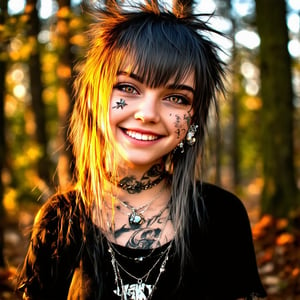 punkgg,A young girl's warm smile illuminates the frame as she gazes directly into the lens, with a soft focus on her face and a blurred wooded background. The golden light of late afternoon sun filters through the trees, casting dappled shadows on the forest floor. Her bright eyes sparkle with joy, set against a subtle bokeh effect created by the surrounding foliage,jewerlry,piercing,tattoo,portrait,make_up,punk