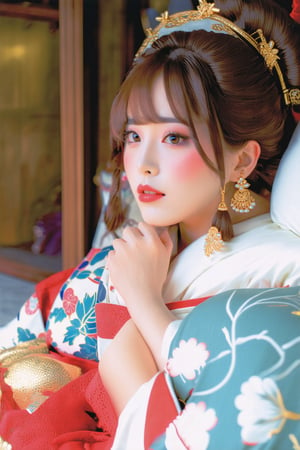 huakui, a Japanese girl, realistic,portrait photography ,1girl, solo, jewelry, brown hair, looking at viewer, pillow, hair ornament, earrings, brown eyes, realistic, japanese clothes, kimono, indoors, red lips, hair stick, upper body