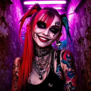 punkgg,Harley Quinn's mischievous grin beams directly at the camera amidst a rusty junkyard backdrop, illuminated by the neon glow of twisted metal and flickering fluorescent lights. The air is electric with the thumping rhythm of rock music as she strikes a playful pose, her bright red hair standing out against the industrial landscape,jewerlry,tattoo,piercing,make_up,punk,portrait