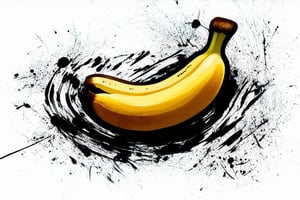 A whimsical illustration of a 'crazy banana' surrounded by vibrant ink splatters and rough lines. The banana's peel ripples outward like a whirlpool, as if it's being pulled apart by an unseen force. A tangle of black ink lines creates a dynamic background, with loose strokes suggesting chaos and unpredictability.