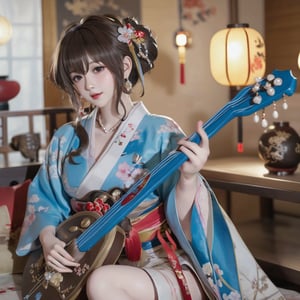 masterpiece,1girl, solo, jewelry, brown hair, looking at viewer, pillow, hair ornament, earrings, brown eyes, realistic, japanese clothes, kimono, indoors, red lips, hair stick, upper body,playing guitar,xinglan