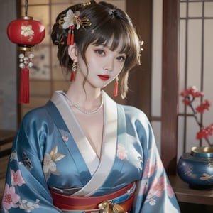 masterpiece,1girl, solo, jewelry, brown hair, looking at viewer, pillow, hair ornament, earrings, brown eyes, realistic, japanese clothes, kimono, indoors, red lips, hair stick, upper body,xinglan