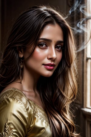 Close-up of a beautiful  woman ,elegant long hair, with ambient light from the side, thin lips with gloss, fertile, sultry expression, hazy dreamy eyes, eye lids, blushing, half open mouth, biting lip, light makeup, warm, moist, oily complexion, fog and smoke,Masterpiece,Shanaya,Asiti_k2