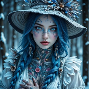 a beautiful full body portrait of witch with psychelelic tatoo with many color and fractal like in a DMT dream, detailed and beautiful navy blue eyes,silver blue long hair ,beautiful pallet, silver blue lips stick, blue eyebrows, perfect hands, Midjourney_Whisper,Enhanced all,white dress and Hat of witch ,Fantasy detailers , forest in snow background,(psychedelic:1.8),perfect hands,Frozen