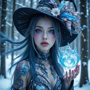 a beautiful witch with psychelelic tatoo with many color and fractal like in a DMT dream, detailed and beautiful navy blue eyes,silver blue long hair ,beautiful pallet, blue make up on eyes, Midjourney_Whisper,she casts an ice spell in the hand,Enhanced all,white dress and Hat of witch ,Fantasy detailers , forest in snow background,(psychedelic:1.6)