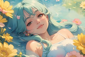 ((water color)),high quality, wide angle. a 28yo women, have (very curly long hair), light [blue|green]hair. star earing.lie down, sunlight on the face, surrounded by pink and yellow flowes, smile. 0sc1ll4t0r,kawaiitech, retro.