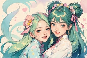 Watercolor, a girl have very curly long hair and the color is blub and green, two hair bun with ribbon. 
she has confident smile, wearing maid cheongsam, with simple lines on a soft color kawaii chinese background,0sc1ll4t0r,kawaiitech,Retro