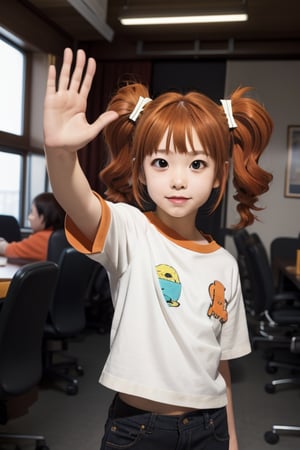 masterpiece,official Art, best quality,yayoi takatsuki,pov, natural orange hair,twin tails, raise one's right arm,stretch right arm,(Raise your right palm high and turn it towards you), high five