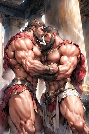  a masterpiece, highly detailed, 8k, a couple of sexy handsome muscled bearded men centurions embracing, one grabs the other's butt, temple and column behind, light that enhance the chiseled physique and tanned oiled skin 