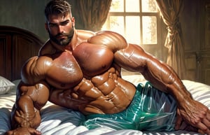 muscular thick hairy  handsome bearded man  with transparent latex boxers lying on a bed and touching his crothc,,REALISTIC,SDXL 1.0,CONCEPT CHARACTER,MALE,MODEL