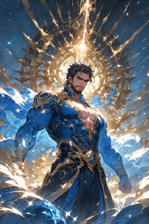 In a dramatic shot,at the heaven gates, the beefy handsome bearded  man fighter  stands at the peak of their approach, muscles tensed as if ready to spring into action. Framed by a magical atmosphere at twilight, with sparkles everywhere, his chiseled physique appears coiled like a spring about to unleash its force. A shimmering blue aura surrounds him,. Dark eyes, really handsome, With a strong two-handed sword at the ready, he exudes confidence and power as he prepares for battle.