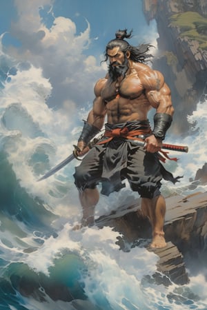 art by Clayton Crain, Stjepan Sejic, Rachel Walpole, Jeszika Le Vye, Peter Mohrbacher, thunder and portal and dark, in the painting style of Ghibli studio anime painting. A Fisheye Lens captures the imposing figure of a rugged samurai, standing at the edge of a windswept cliff, overlooking the turbulent ocean. His weathered face, adorned with a thick beard, exudes determination as he gazes out into the distance. The low-angle view emphasizes his stature, while the dramatic cliffs and waves below evoke a sense of treacherous terrain. In this Leonardo-style depiction, the samurai's loyalty is palpable, a beacon of hope in the face of danger, as if he's ready to defend his man with unwavering conviction.