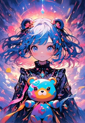 A whimsical fusion of traditional and digital artistry, a Gímenez-inspired portrait depicts a petite, anime-styled girl with vibrant, electric blue hair and a mesmerizing gaze. She stands proudly beside a massive, anthropomorphic bear, its fur a warm blend of honey and cream, set against the soft, pastel hues of twilight. The composition is balanced by the harmonious juxtaposition of the girl's futuristic attire and the bear's rustic charm. A kaleidoscope of colors dance across the canvas, as if infused with an otherworldly glow.