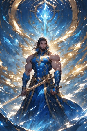 In a dramatic shot,at the heaven gates, the beefy handsome bearded  man fighter  stands at the peak of their approach, muscles tensed as if ready to spring into action. Framed by a magical atmosphere at twilight, with sparkles everywhere, his chiseled physique appears coiled like a spring about to unleash its force. A shimmering blue aura surrounds him,. Dark eyes, really handsome, With a strong two-handed sword at the ready, he exudes confidence and power as he prepares for battle.