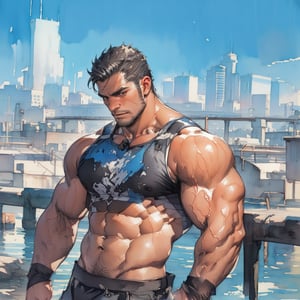 An handsome muscular hairy bara  man,bara,mature male,nijimale,muscular male,male focus, watercolor, dark background, lights from side,men focus,penink