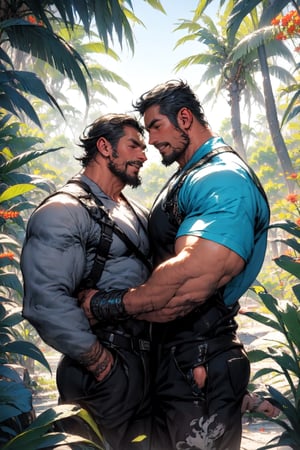 The image shows two muscular mature men, both with dark hair and wearing blue clothing. They are standing in a garden, surrounded by green plants and orange flowers. The man on the left is offering a vase of flowers to the man on the right. They both have a smiling expression and appear to be happy and in love. The image is set in a tropical environment, and the sunlight filtering through the leaves creates a romantic atmosphere.