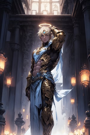 A muscular, male figure with long foating  light blonde hair, partially obscuring his face, stands powerfully against a sunned hall of paradise  background. He has a glowing halo above his head. The character is shirtless, wearing intricate golden armor on his forearms and a white and blue draped cloth around his waist. The scene is imbued with light and fantastical elements.Lower angle, exagered perspective 