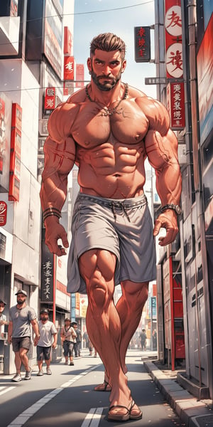 4k,best quality,masterpiece, bearded man huge muscular hot walking in the streets of sunned tokyo suburban,lower angle,upper angle,dynamic shot