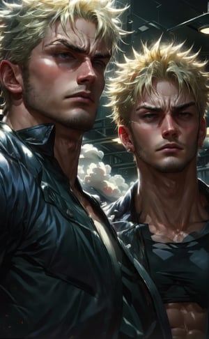 Close-up shot of two muscular lads with trendy haircuts, standing back-to-back in a dimly lit, industrial-chic backdrop. The lighting is moody, with harsh shadows accentuating their defined physiques. One lad has a messy, bleached-blond pompadour, while the other sports a sleek, dark undercut. Their confident poses and intense gazes create a sense of brooding machismo.