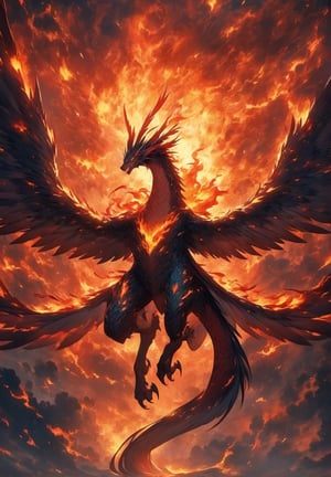 A majestic dragon, its scales glistening like polished jade, perches majestically on a chariot aflame with fiery intensity. Wind whispers through its outrageously long wingspan, sending wisps of smoke swirling as the beast's piercing gaze commands center stage. Amidst the inferno, flames dance upon its plumage, casting a warm glow upon the surrounding chaos.