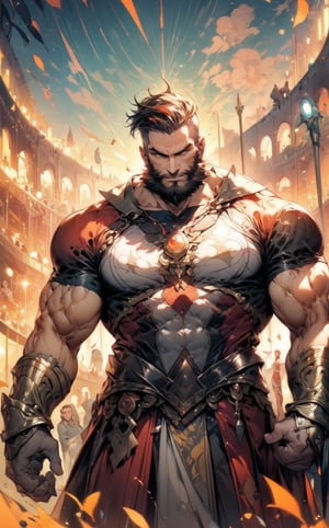 A muscular bearded handsome sexy gladiator grabbing a bronze  shield with a red cloack, in a colosseus arena, sparkles surrounding him. The camera gazes up at his determined figure from a low angle, emphasizing his imposing presence as the distorted perspective warps the desolate landscape into a surreal backdrop.