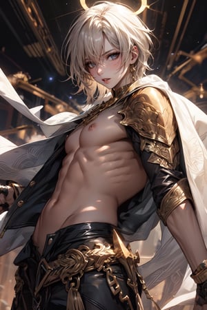 A muscular, male figure with light blonde hair, partially obscuring his face, stands powerfully against a cosmic background. He has a glowing halo above his head. The character is shirtless, wearing intricate golden armor on his forearms and a white and blue draped cloth around his waist. The scene is imbued with light and fantastical elements.Lower angle, exagered perspective 