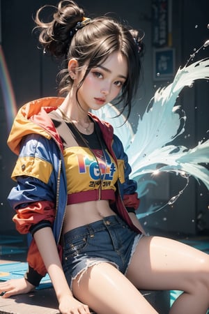 korea girl 22 year old, tangaline light sleek pixie shorts hair style, wearing rainbow jacket bomber m1, shorts bluejeans, white sneaker, splash drop color