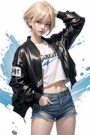 korea girl 22 year old, blond light sleek pixie shorts hair style, wearing  black jacket bomber m1, shorts bluejeans, white sneaker, splash color
