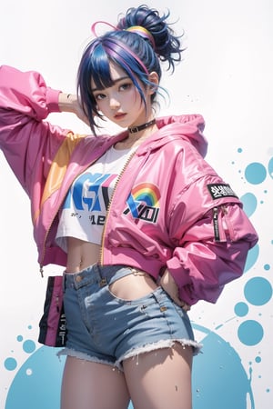 korea girl 22 year old, pink sleek pixie shorts hair style, wearing oversize rainbow jacket bomber m1, shorts bluejeans, white sneaker, splash color on background