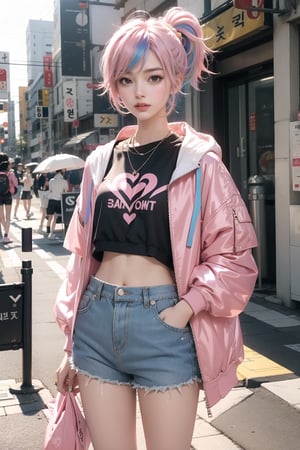 korea girl 22 year old, pink sleek pixie shorts hair style, wearing oversize rainbow jacket bomber m1, shorts bluejeans, white sneaker, splash color