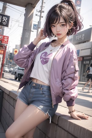 korea girl 22 year old, mauve light sleek pixie shorts hair style, wearing  mauve jacket bomber m1, shorts bluejeans, white sneaker, splash color