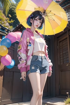 korea girl 22 year old, pink sleek pixie shorts hair style, wearing oversize rainbow jacket bomber m1, shorts bluejeans, white sneaker, splash color on background, deepthroat,DEEPTHROAT,HeadpatPOV,(Ruan-mei)
