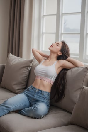 close-up shot ,A trendy young Thai woman in high-waisted jeans and a crop top leans back as if falling slowly onto a plush sofa in a modern living room. Her arms are outstretched, and her expression is relaxed, with the camera capturing the softness of the moment. The photo is taken from a wide-angle shot with a 35mm lens, focusing on her body’s graceful movement as she reclines. The soft lighting through large windows creates a warm