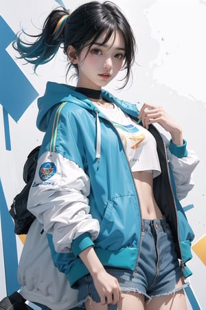 korea girl 22 year old, aqua sleek pixie shorts hair style, wearing oversize rainbow jacket bomber m1, shorts bluejeans, white sneaker, splash full color
