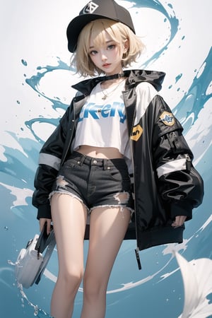 korea girl 22 year old, blond light sleek pixie shorts hair style, wearing oversize black jacket bomber m1, shorts bluejeans, white sneaker, splash color