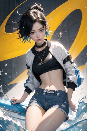 korea girl 22 year old, tangaline light sleek pixie shorts hair style, wearing tangaline jacket bomber m1, shorts bluejeans, white sneaker, splash color