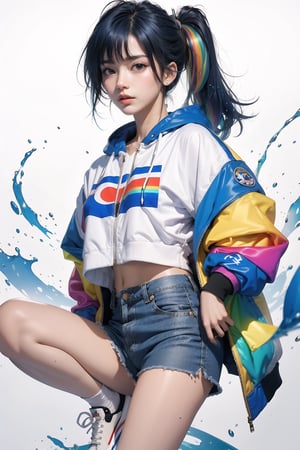 korea girl 22 year old, ultramarine light sleek pixie shorts hair style, wearing oversize rainbow jacket bomber m1, shorts bluejeans, white sneaker, splash color