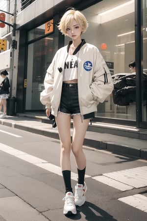 korea girl 22 year old, blond light sleek pixie shorts hair style, wearing oversize black jacket bomber m1, shorts bluejeans, white sneaker, splash color