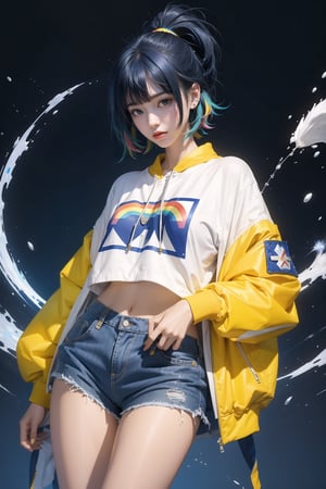 korea girl 22 year old, ultramarine light sleek pixie shorts hair style, wearing oversize rainbow jacket bomber m1, shorts bluejeans, white sneaker, splash color