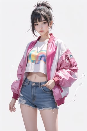 korea girl 22 year old, pink sleek pixie shorts hair style, wearing oversize rainbow jacket bomber m1, shorts bluejeans, white sneaker, splash color on background, deepthroat,DEEPTHROAT,HeadpatPOV,(Ruan-mei)
