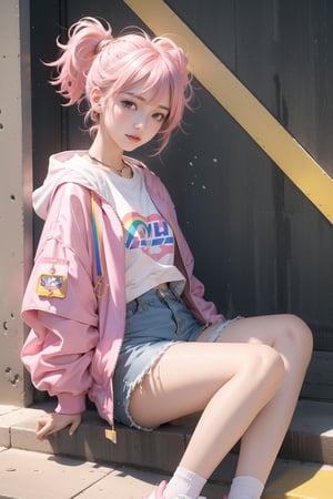 korea girl 22 year old, pink sleek pixie shorts hair style, wearing oversize rainbow jacket bomber m1, shorts bluejeans, white sneaker, splash color