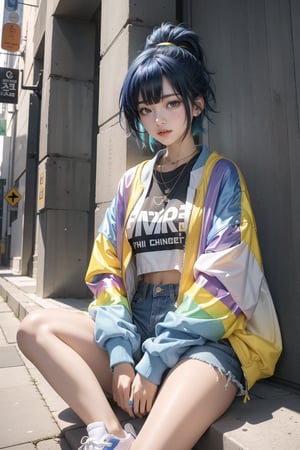 korea girl 22 year old, ultramarine light sleek pixie shorts hair style, wearing oversize rainbow jacket bomber m1, shorts bluejeans, white sneaker, splash color