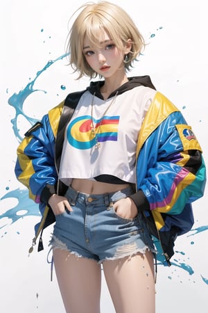 korea girl 22 year old, blond sleek pixie shorts hair style, wearing oversize rainbow jacket bomber m1, shorts bluejeans, white sneaker, splash color