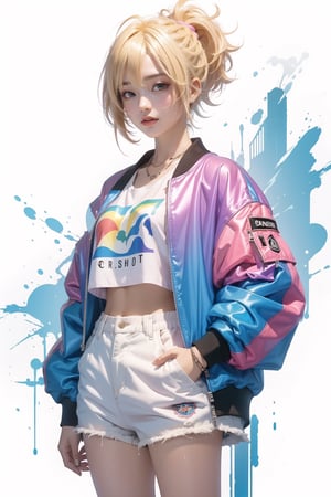 korea girl 22 year old, blond pink sleek pixie shorts hair style, wearing oversize rainbow jacket bomber m1, shorts bluejeans, white sneaker, splash color