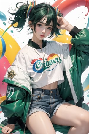 korea girl 22 year old, emerald green sleek pixie shorts hair style, wearing oversize rainbow jacket bomber m1, shorts bluejeans, white sneaker, splash color