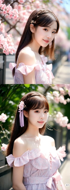 A 16-year-old Japanese beauty,in the sakura flowers.Turn slightly,iris purple dress,Beauty