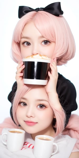 1girl, light PINK hair,BLACK eyes, long hair, cute dress, elegant bun hairstyle, tender gaze, warmly facial expression, white background, holding a coffee cup,  sitting. ((Chibi character)),perfect light,Beauty,Korean
